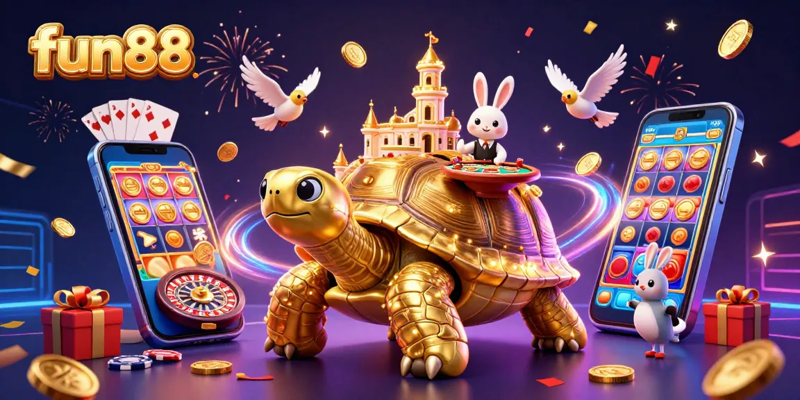 Play with fun88's vibrant gaming experience featuring a golden tortoise casino and a rabbit dealer.