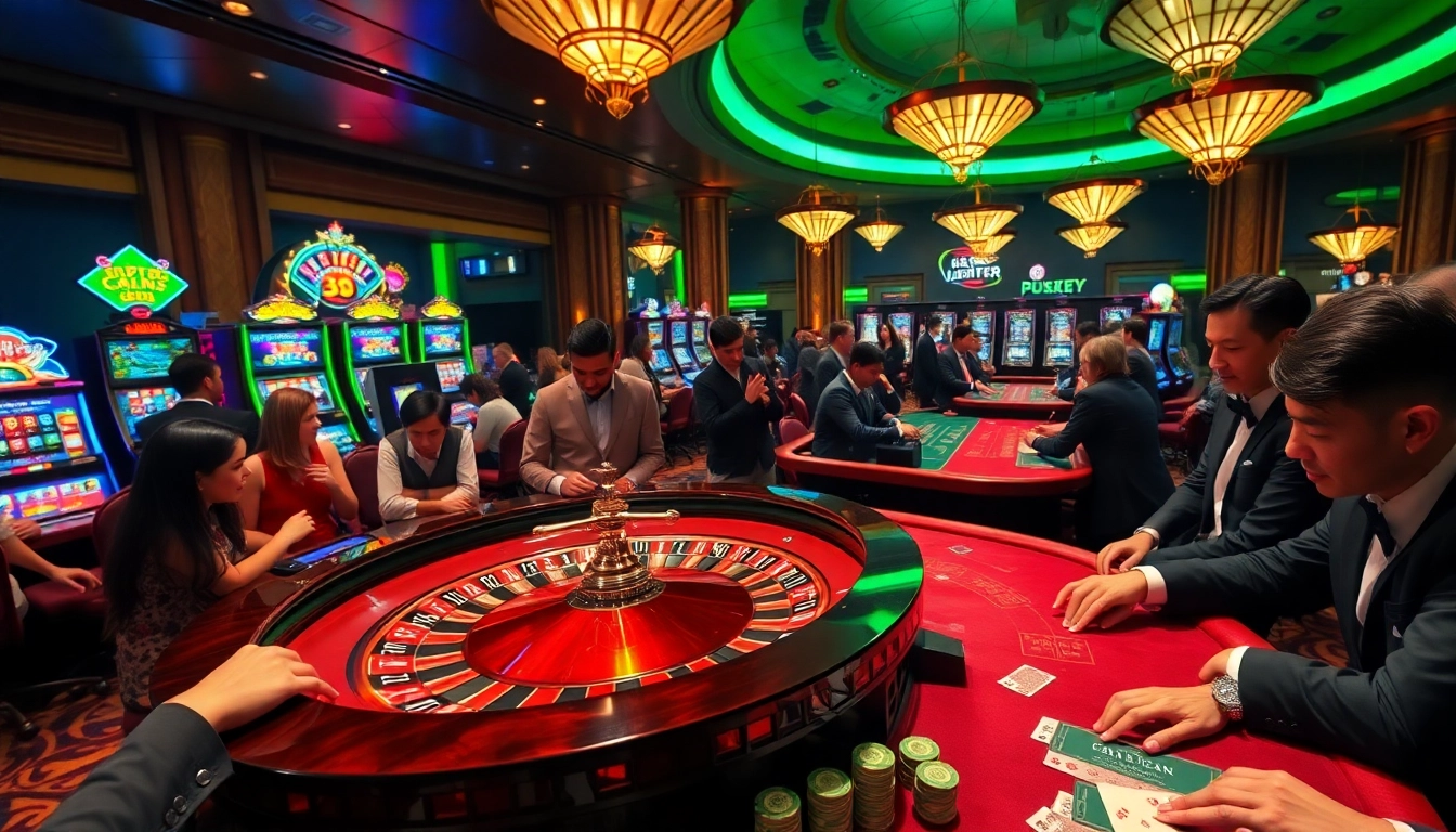 Experience the excitement of xem phim fun in a luxurious casino setting with vibrant lights and engaging players.