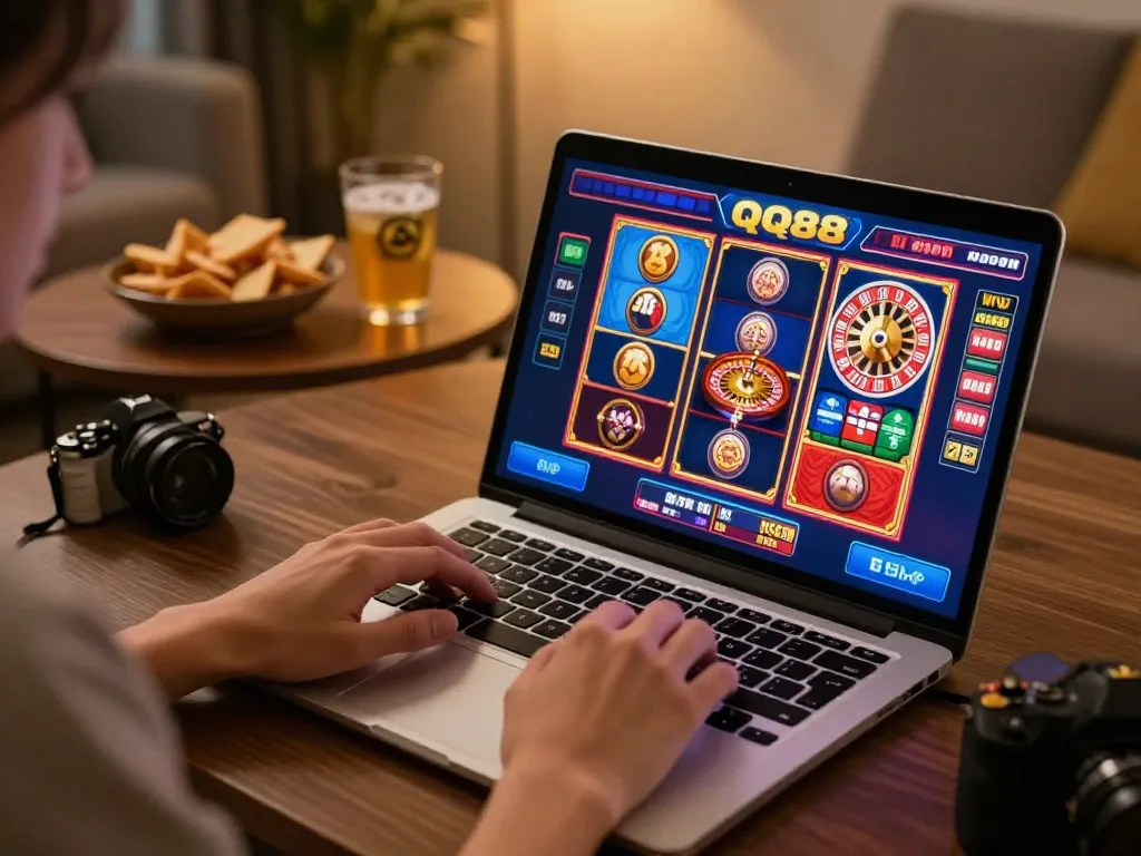 Engaging with QQ88 casino games on a laptop in a cozy home setting, highlighting online gambling excitement.