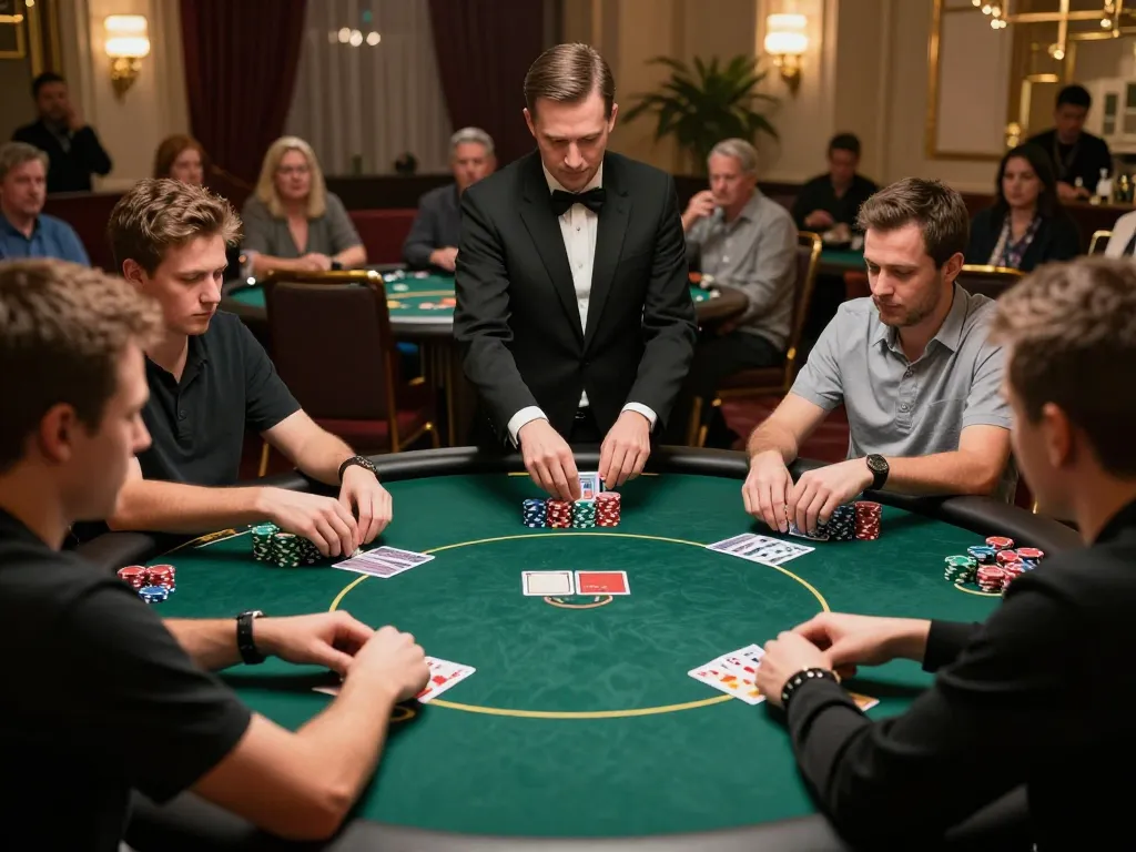 Kuwin players engaged in competitive poker at a luxurious casino table, showcasing excitement and strategy