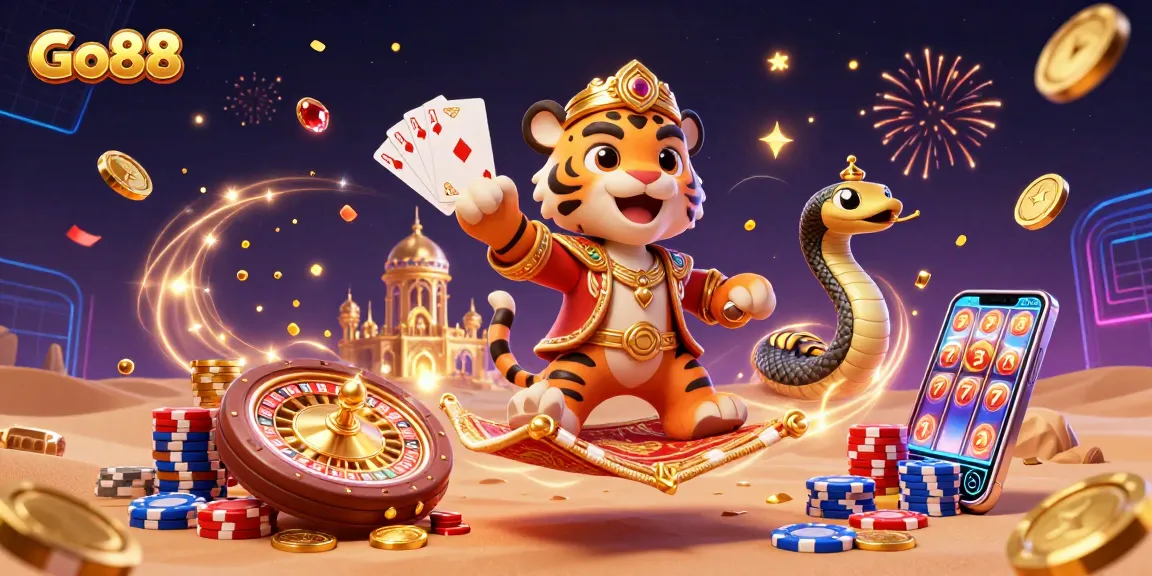 Experience the excitement at Go88 with a dazzling 3D illustration of a tiger sultan, gaming elements, and vibrant casino atmosphere.