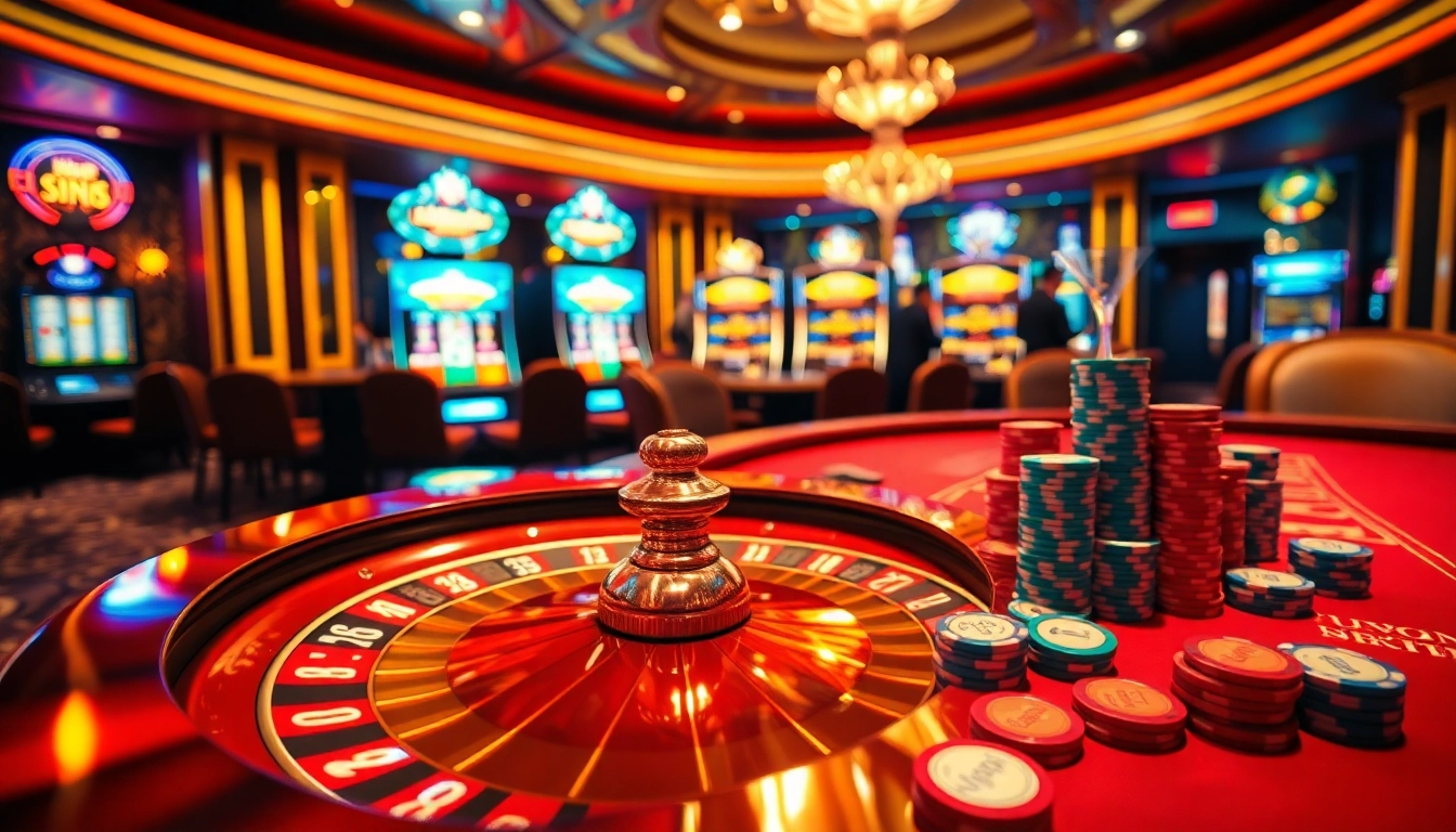 Experience high-stakes excitement at nhacaiuytin casino with poker tables, roulette wheel, and colorful slot machines.