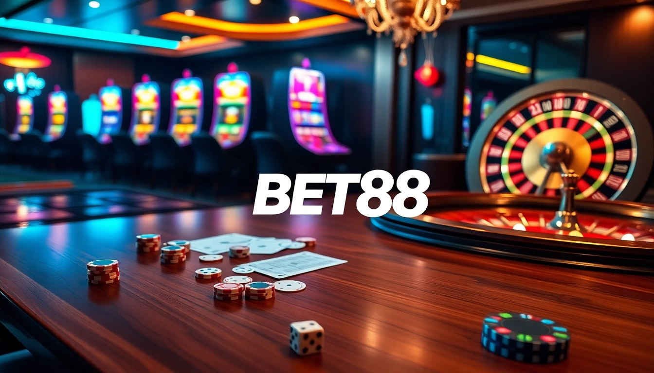 Experience the thrill of betting and winning at BET88 casino, with cards and chips on display.
