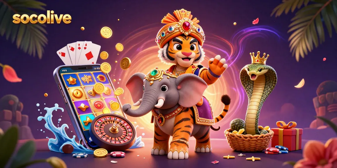 Socolive offers thrilling sports betting with vibrant visuals of a 3D cartoon tiger, elephant, and gaming elements.