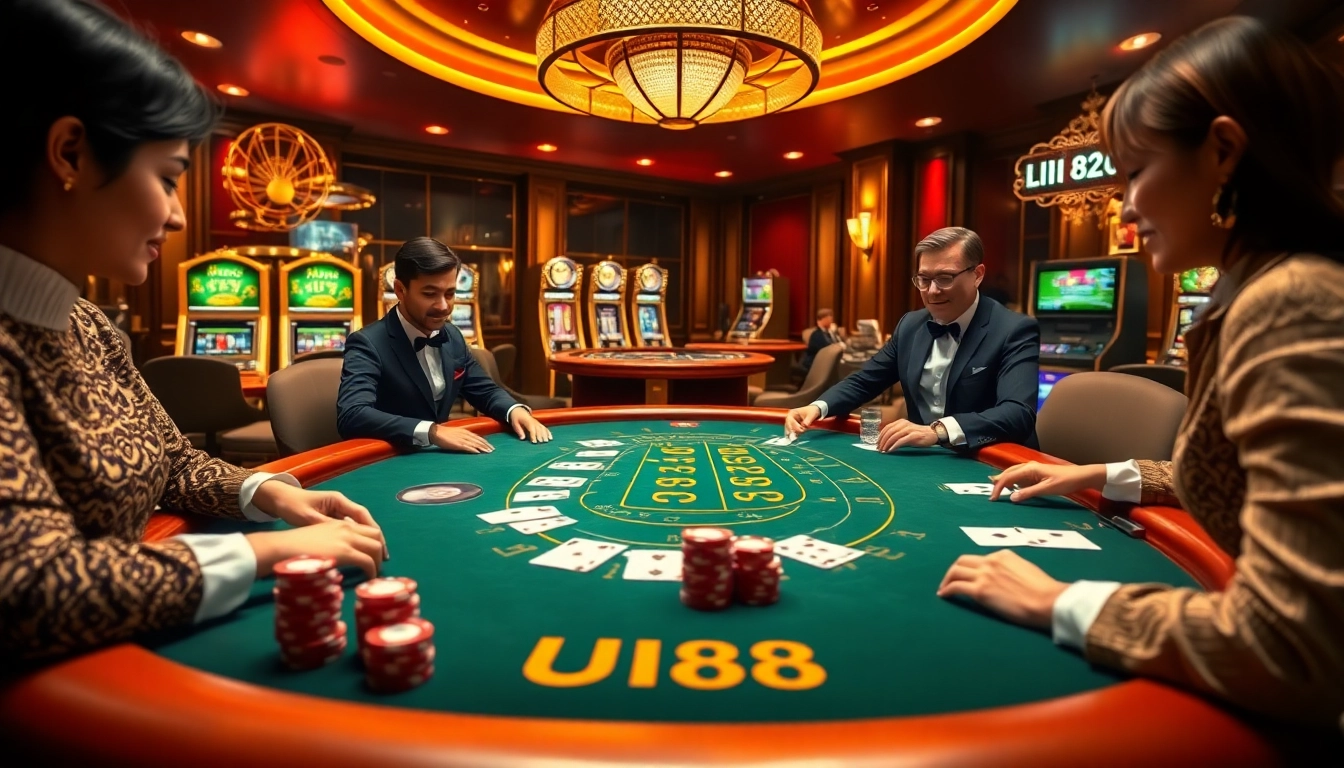 Players enjoying blackjack at a luxurious UU88 casino table, showcasing excitement and professionalism.