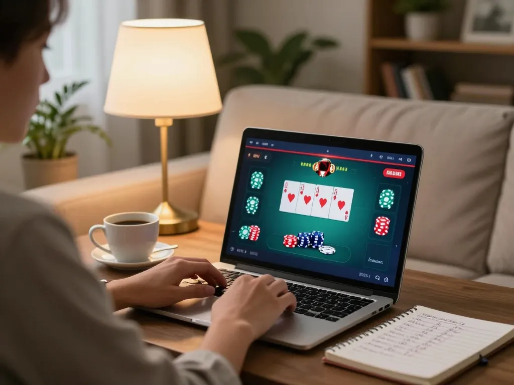 Player engaged in online kp88 poker game from home with strategic betting notes.