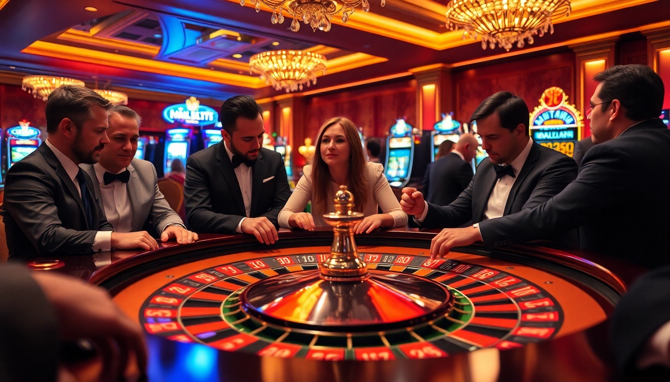 Players strategizing at De bet roulette table in a luxurious casino.