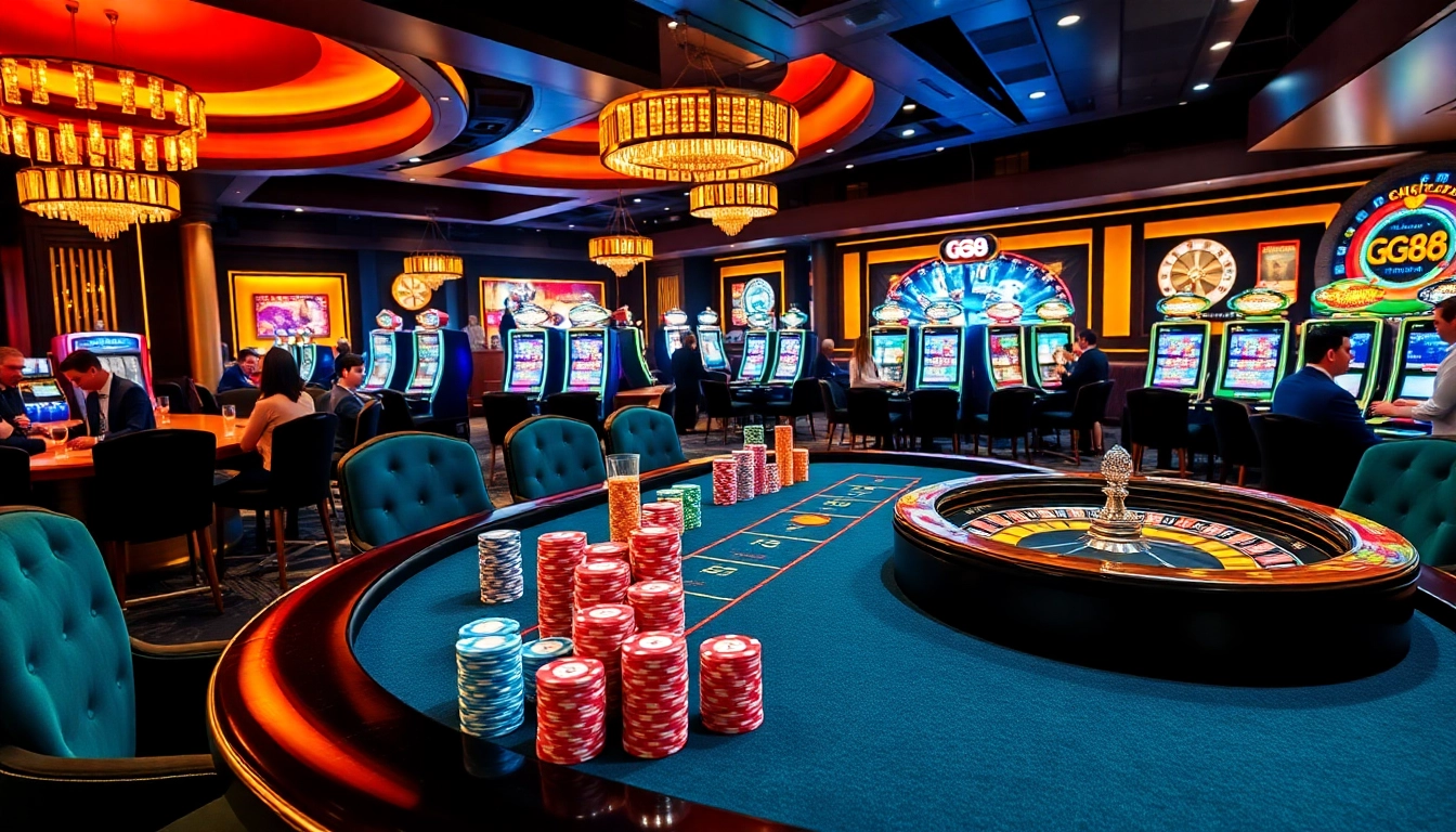Experience excitement at GG88 casino with vibrant tables, chips, and slot machines.