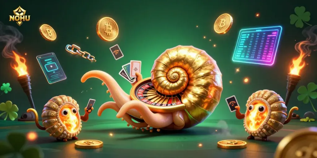 Engage in thrilling games at NOHU with the ancient nautilus, roulette wheel, and vibrant cryptocurrency elements.