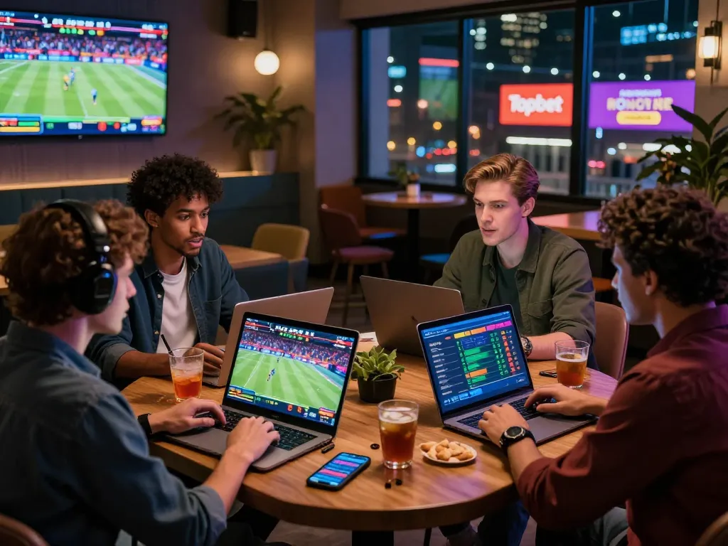 Exciting scene of diverse sports fans engaging with Topbet's digital sportsbook in a lively lounge setting.