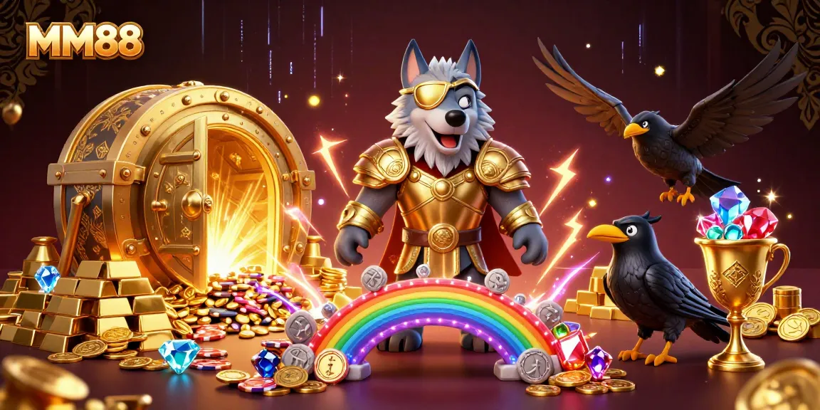 Engage with MM88's vibrant casino experience featuring a mythical scene filled with treasure.