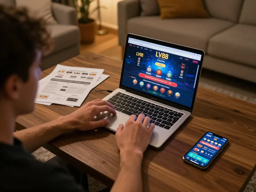 Player enjoying an interactive live dealer game on LV88 from home, showcasing strategic gaming setup.