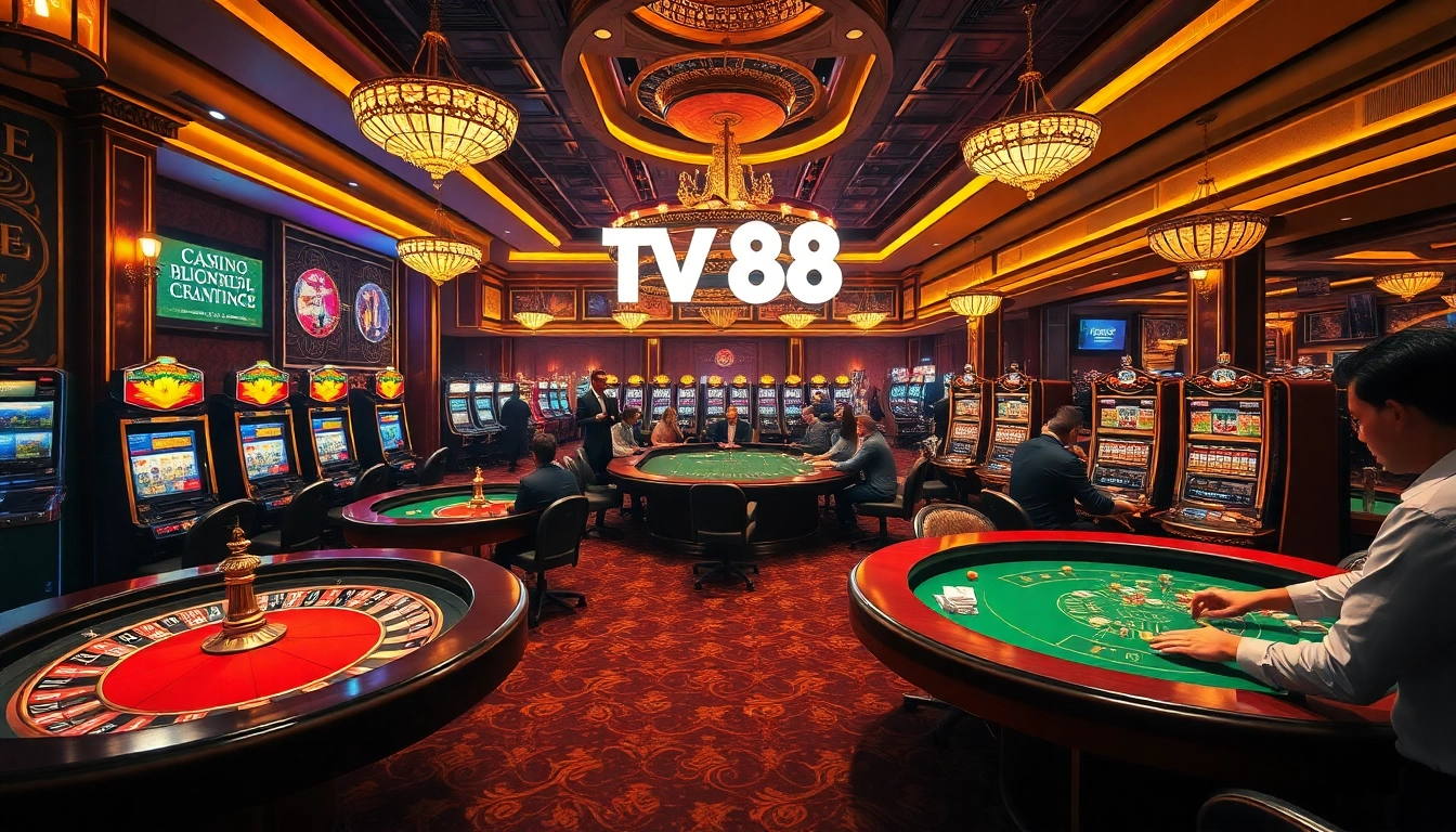 Engaging casino scene showcasing thrilling gameplay at TV88 with poker chips and roulette.