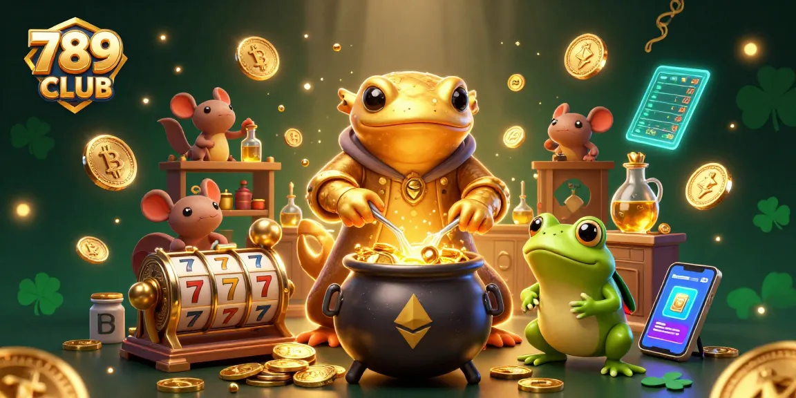 Experience the excitement of 789 CLUB with a 3D illustration featuring a magical alchemist transforming base metals into gold coins, amidst vibrant casino elements.