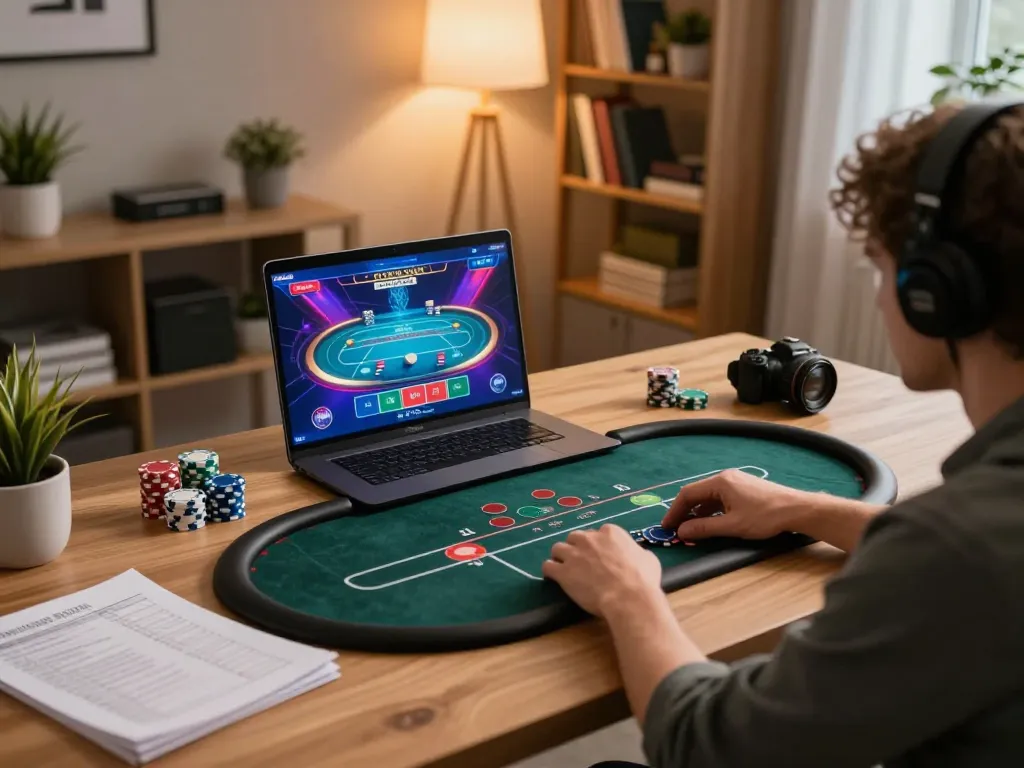 Engage in online poker on https://f168.sarl/ with a modern gaming setup showcasing strategy notes and vibrant gameplay.