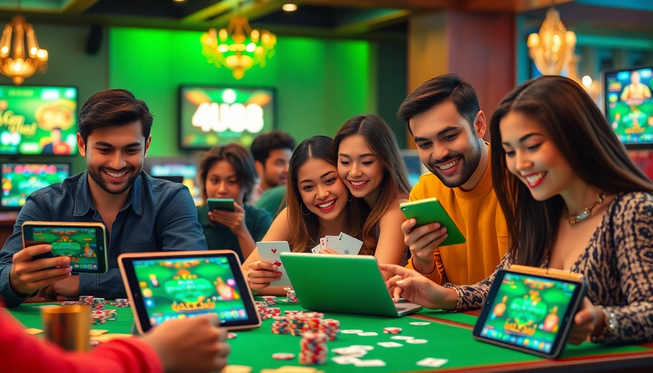 Exciting online gambling scene at UU88 featuring diverse players enjoying various games on mobile devices.