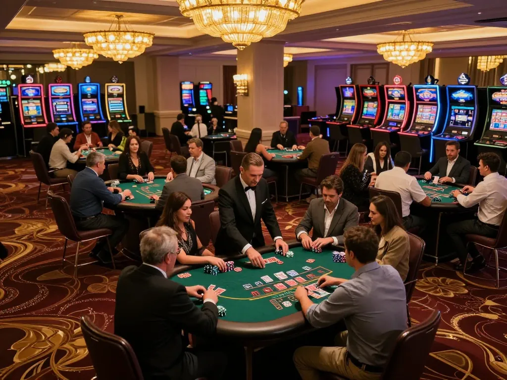 Experience excitement at 58wiin with players engaged in blackjack strategies under warm casino lights.
