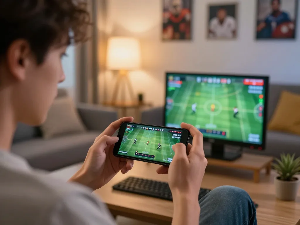 Engaging in live sports betting on vipwin2 app, smartphone in hand with real-time match stats.