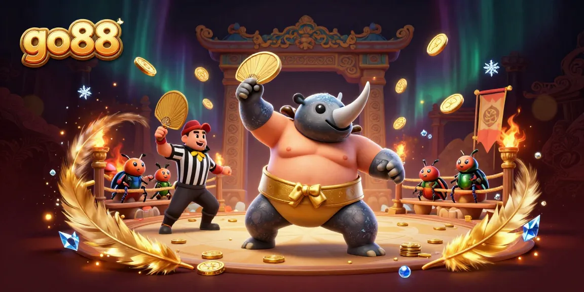 Engage with go88's thrilling atmosphere, showcasing a sumo champion with coins flying in a captivating casino scene.