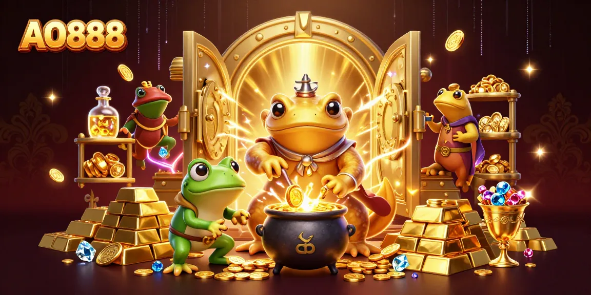 Experience thrilling adventures at AO888 with a vibrant 3D illustration of alchemists crafting gold in a magical casino