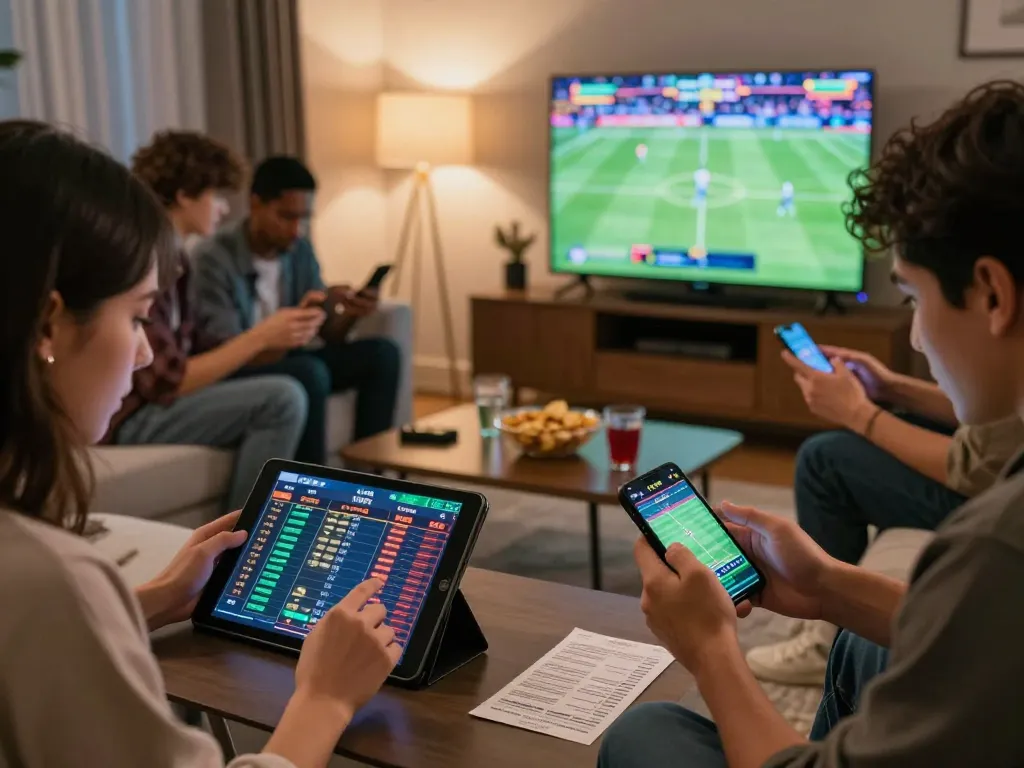 Engaged players enjoying online gambling at SC88 on mobile devices in a lively living room.
