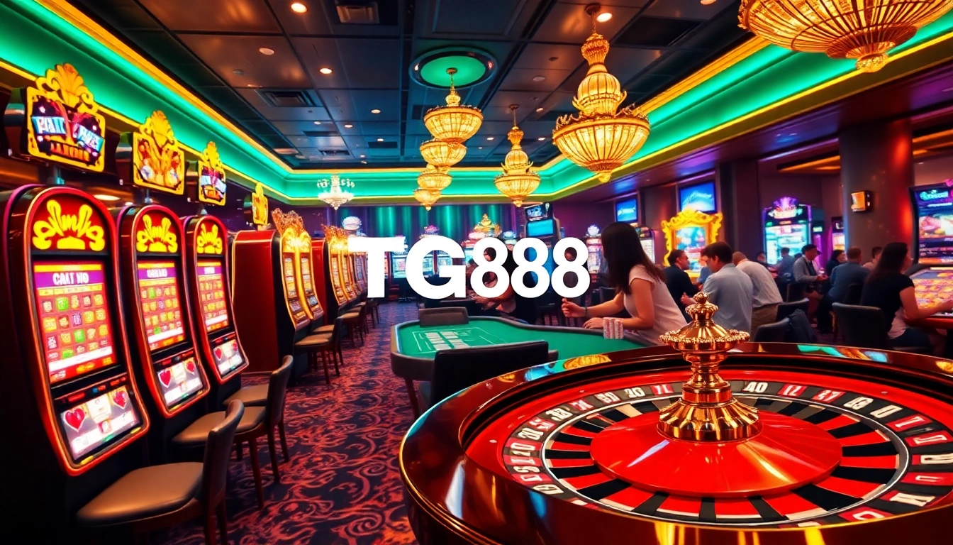 TG88 Casino experience showcasing vibrant slot machines, poker tables, and roulette wheel.