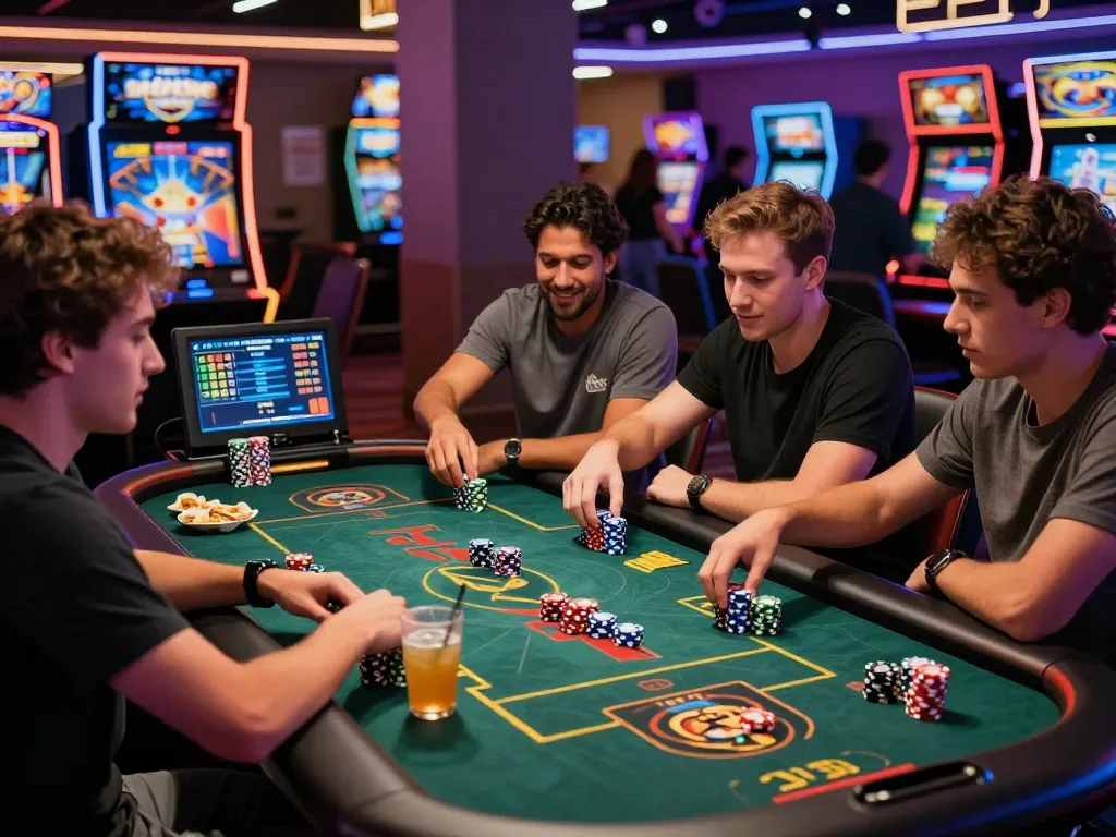 Friends enjoying a vibrant rikvip game night with colorful chips and high-tech gaming tables in a lively casino.