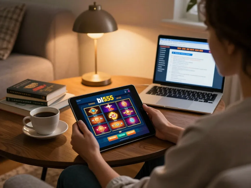 Player exploring the bl555 casino app on a tablet in a cozy home setting, emphasizing strategic gaming.