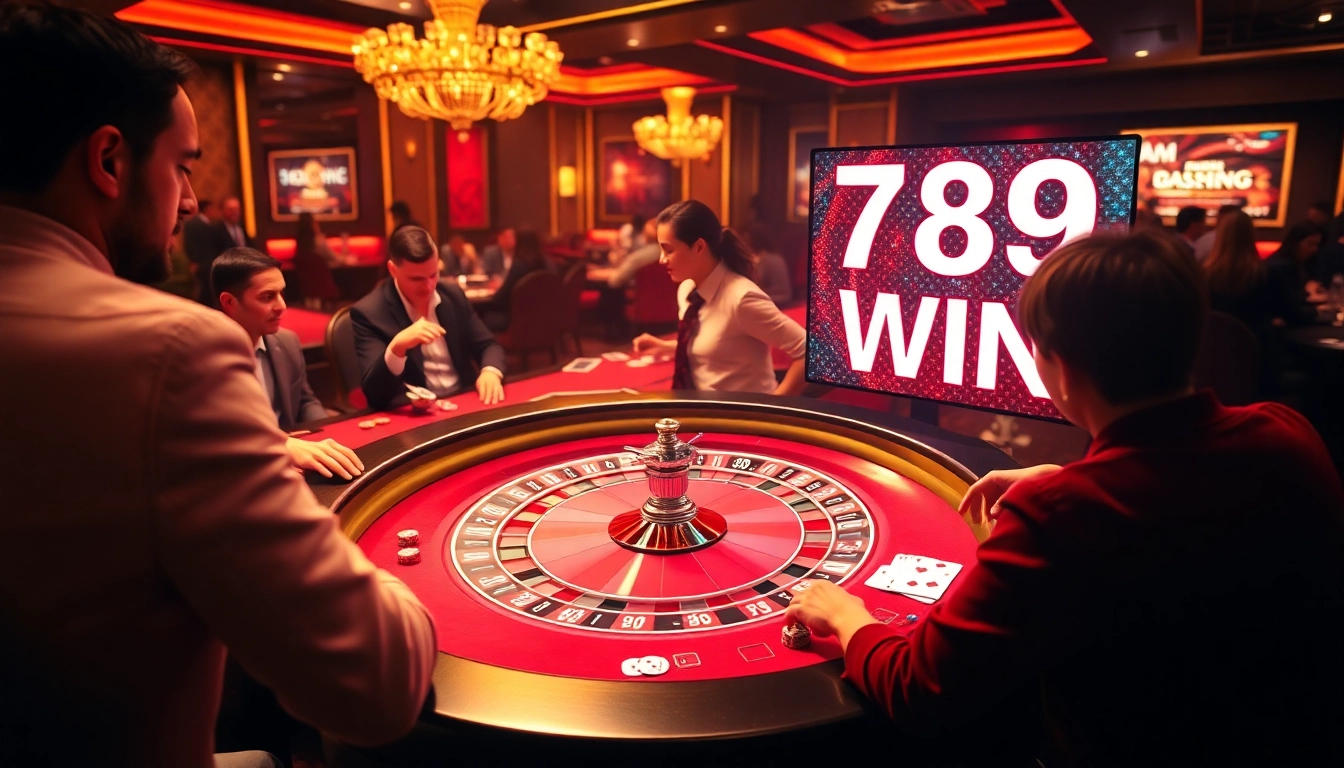 Experience thrilling gameplay at 789 WIN with an exciting casino atmosphere featuring poker tables and roulette.