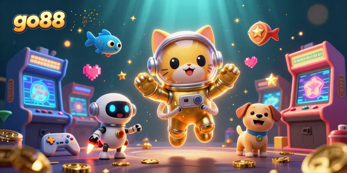 Play exciting games at go88 with a vibrant 3D casino theme, featuring an astronaut cat and alien fish.