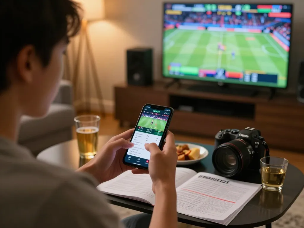 Engaged bettor analyzing KUBET sports app on smartphone during live game, casual home sports betting setup.