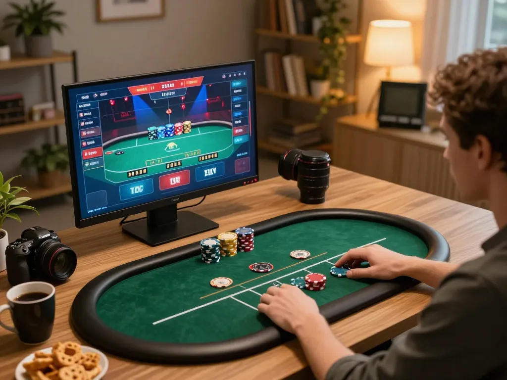 MM88 poker player engaged in strategic gameplay at home, showcasing immersive online casino experience