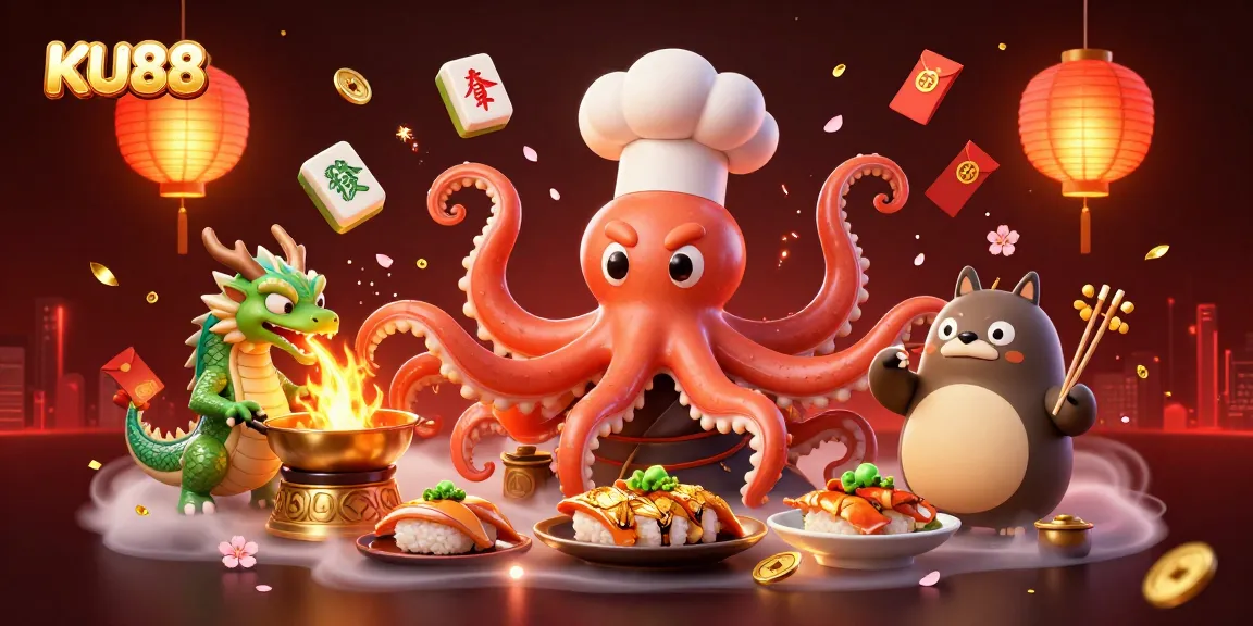 Engage in thrilling gameplay with KU88's lively 3D illustration of an octopus chef and dragon