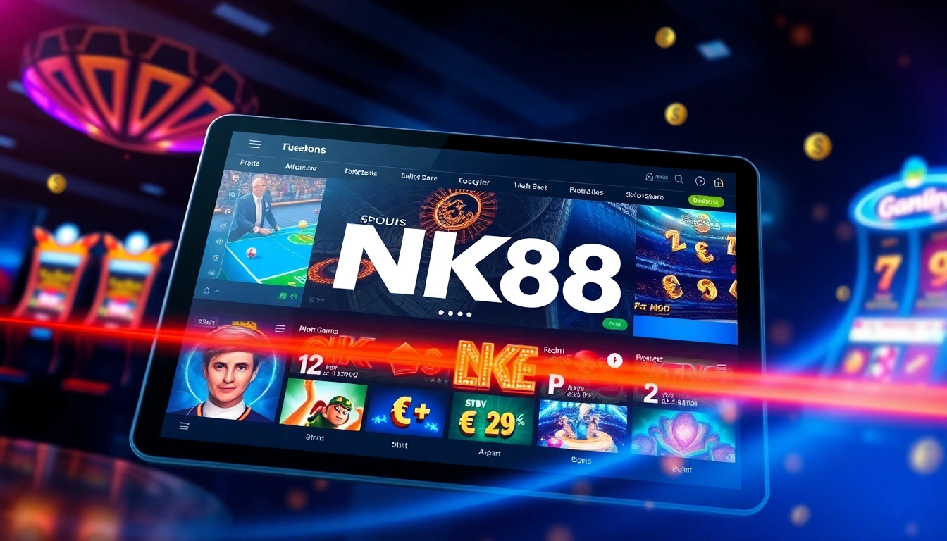 NK88 online gaming platform interface showcasing diverse games with a luxurious design.