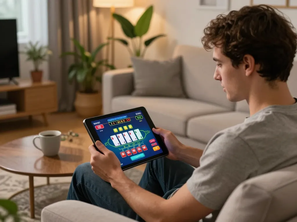 Engaging gameplay at nhacaiuytinn platform showing live dealer blackjack on tablet in a cozy home environment
