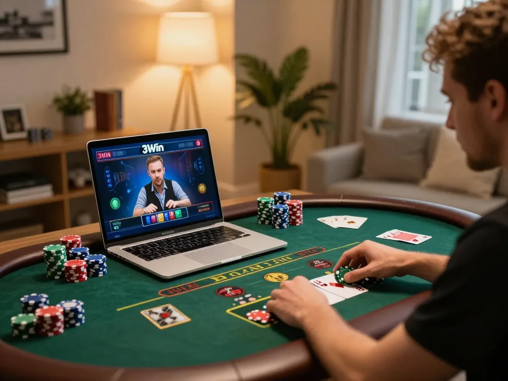 3Win player engaged in live dealer game, showcasing online gambling excitement with strategic gameplay.