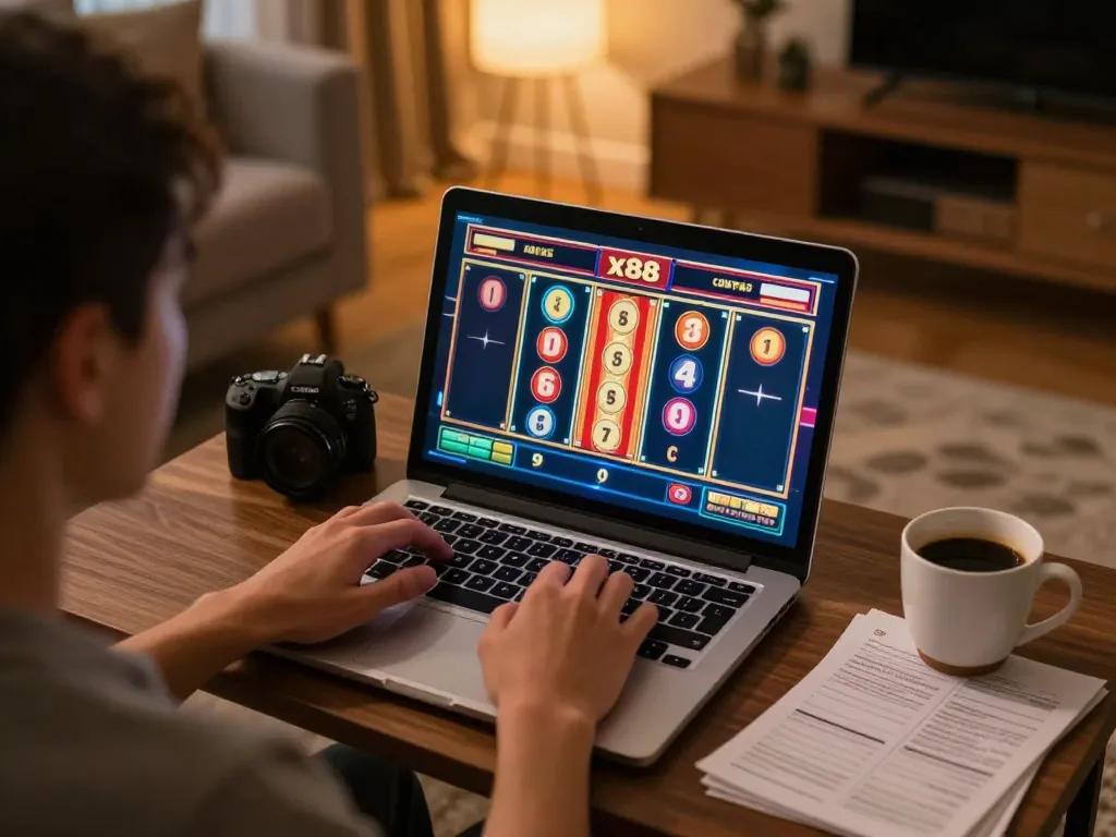 Player enjoying x88 slots at home, illuminated screen shows vibrant reels during online gaming session.