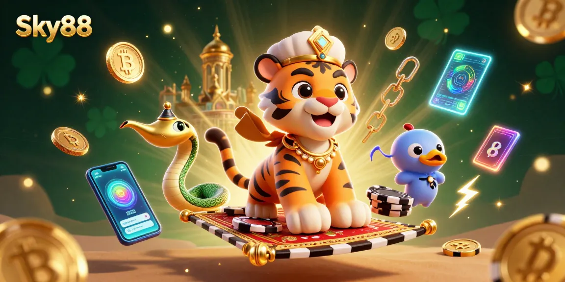 Play and win big with Sky88 in this vibrant casino-themed illustration showcasing dynamic gaming elements.