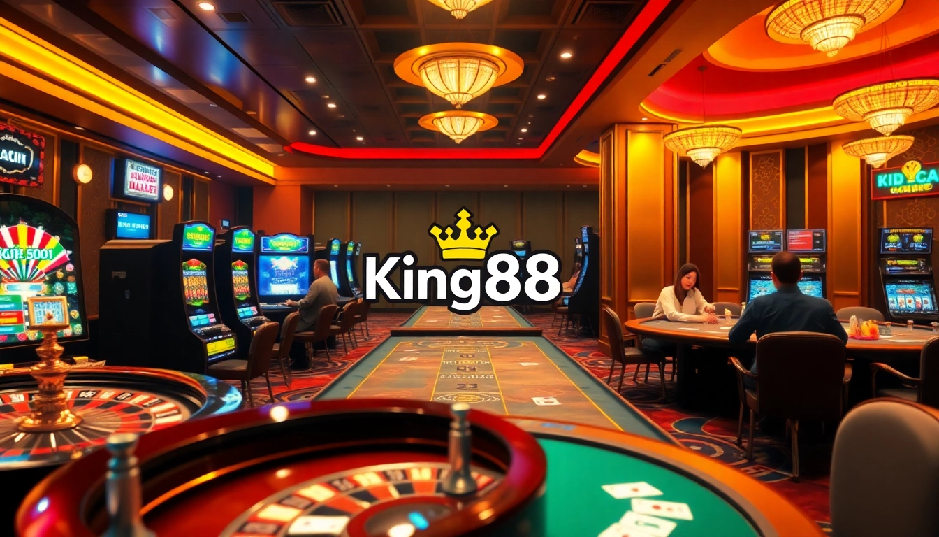 Experience the excitement of King88 with active players at vibrant casino tables and jackpot slots.