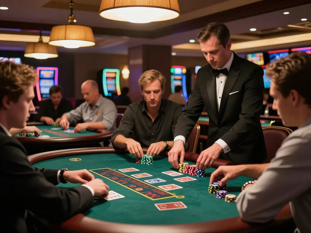 nhà cái 79king engaging players at a blackjack table with an intense atmosphere.
