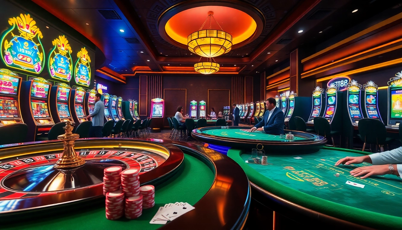 Players enjoying NET88 casinos at luxurious tables full of cards and chips.