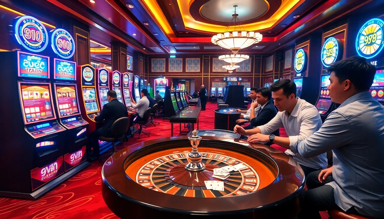 Players enjoying an exhilarating game at a 69vn casino, showcasing slot machines and roulette tables.