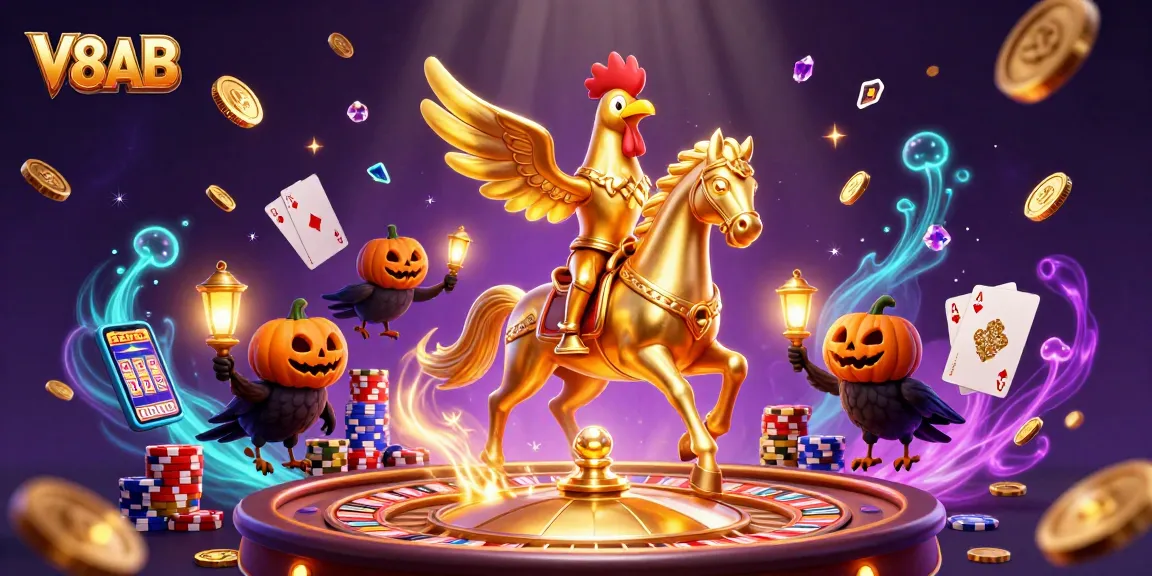 Win big at V8AB with a golden rooster in a vibrant casino, surrounded by coins and cards.