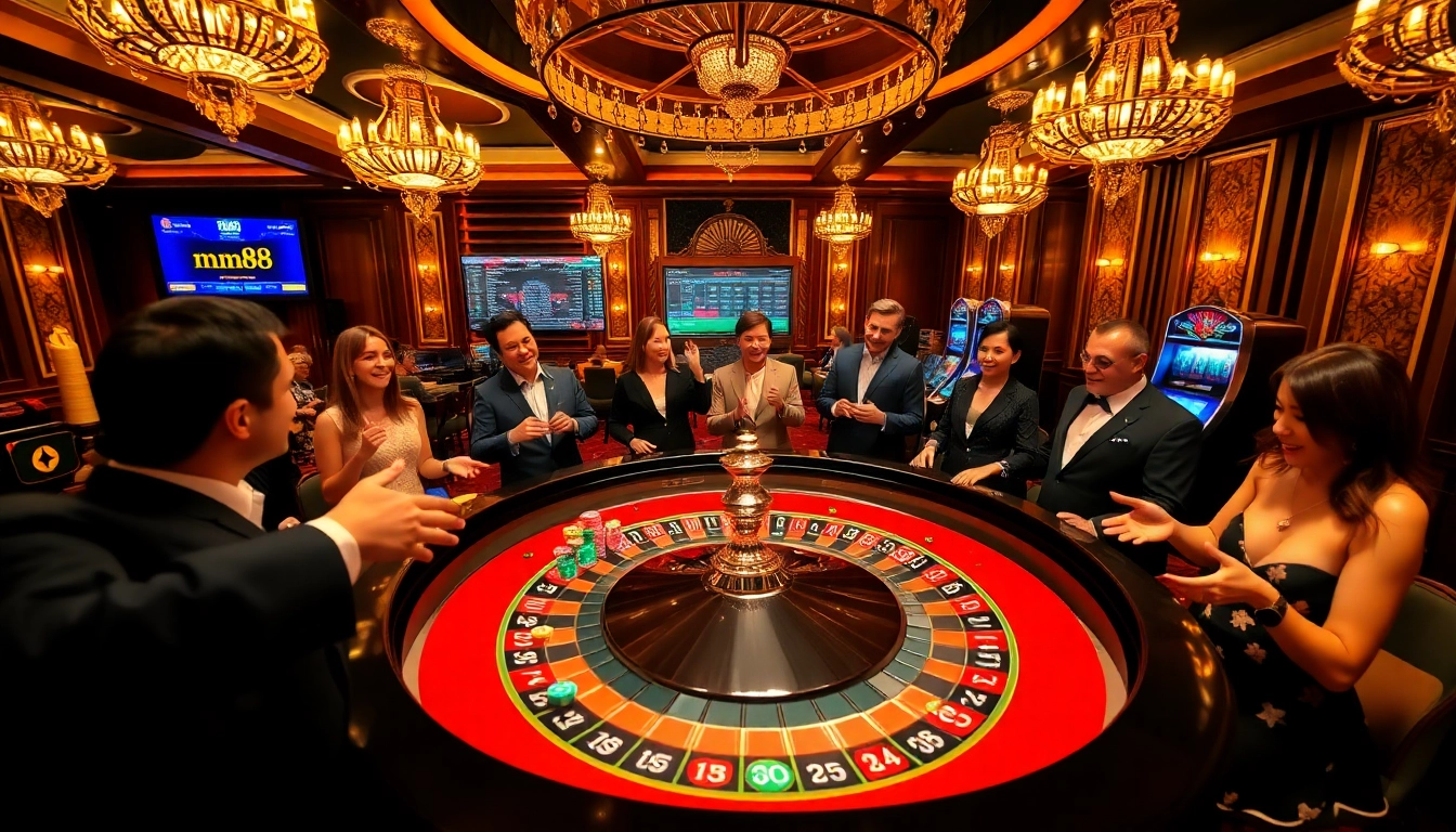 Players engaging in high-stakes games at mm88 online casino with roulette and poker.