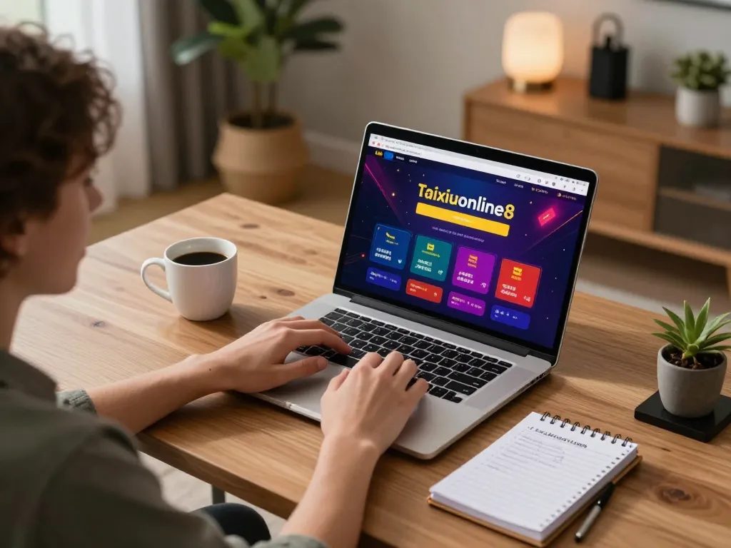 Person engaging with taixiuonline8 online casino on a laptop in a cozy home office.