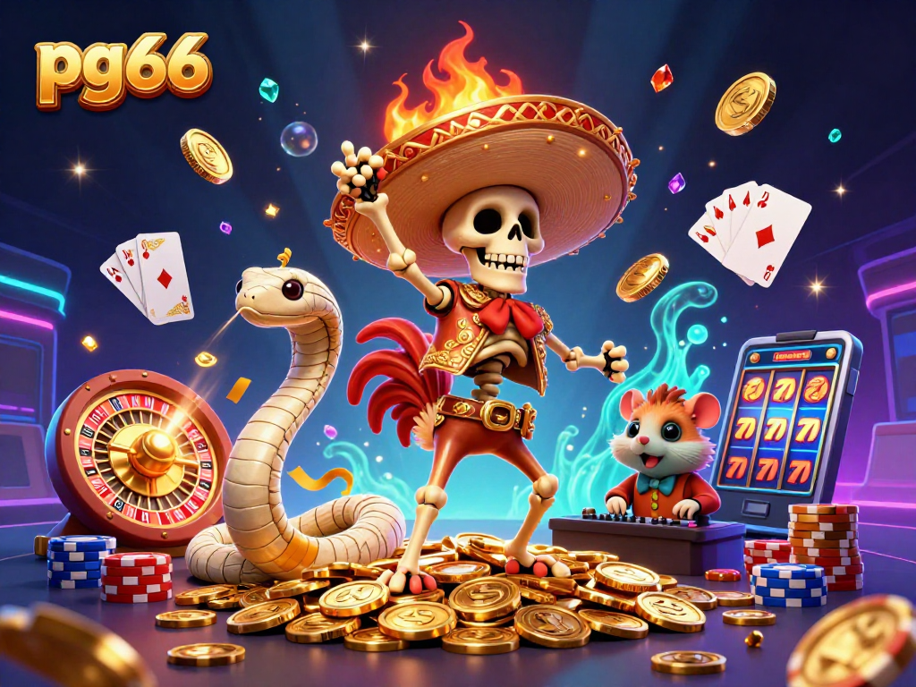pg66 showcases a vibrant 3D casino celebration with a mariachi rooster dancing on golden coins, capturing the thrill of gaming.
