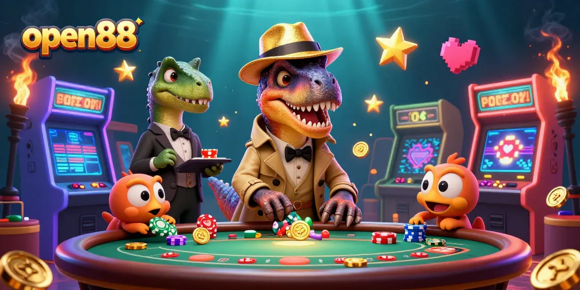 Engage with open88's dynamic casino themes, featuring cartoon dinosaurs in an interactive gaming scene