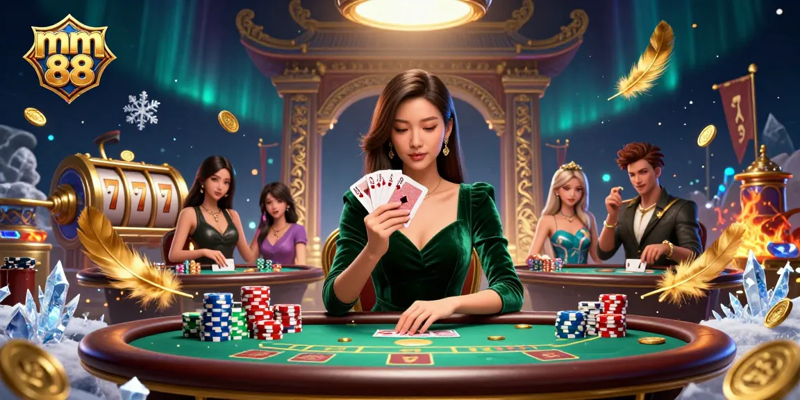 The stunning Asian dealer at the mm 88 casino table deals cards as golden tokens and slots surround her.