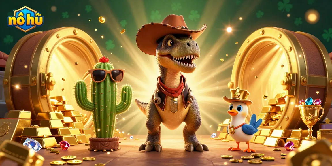 Nổ hũ action displaying a vibrant 3D scene featuring a dinosaur and companions amidst dazzling treasures and slots elements.