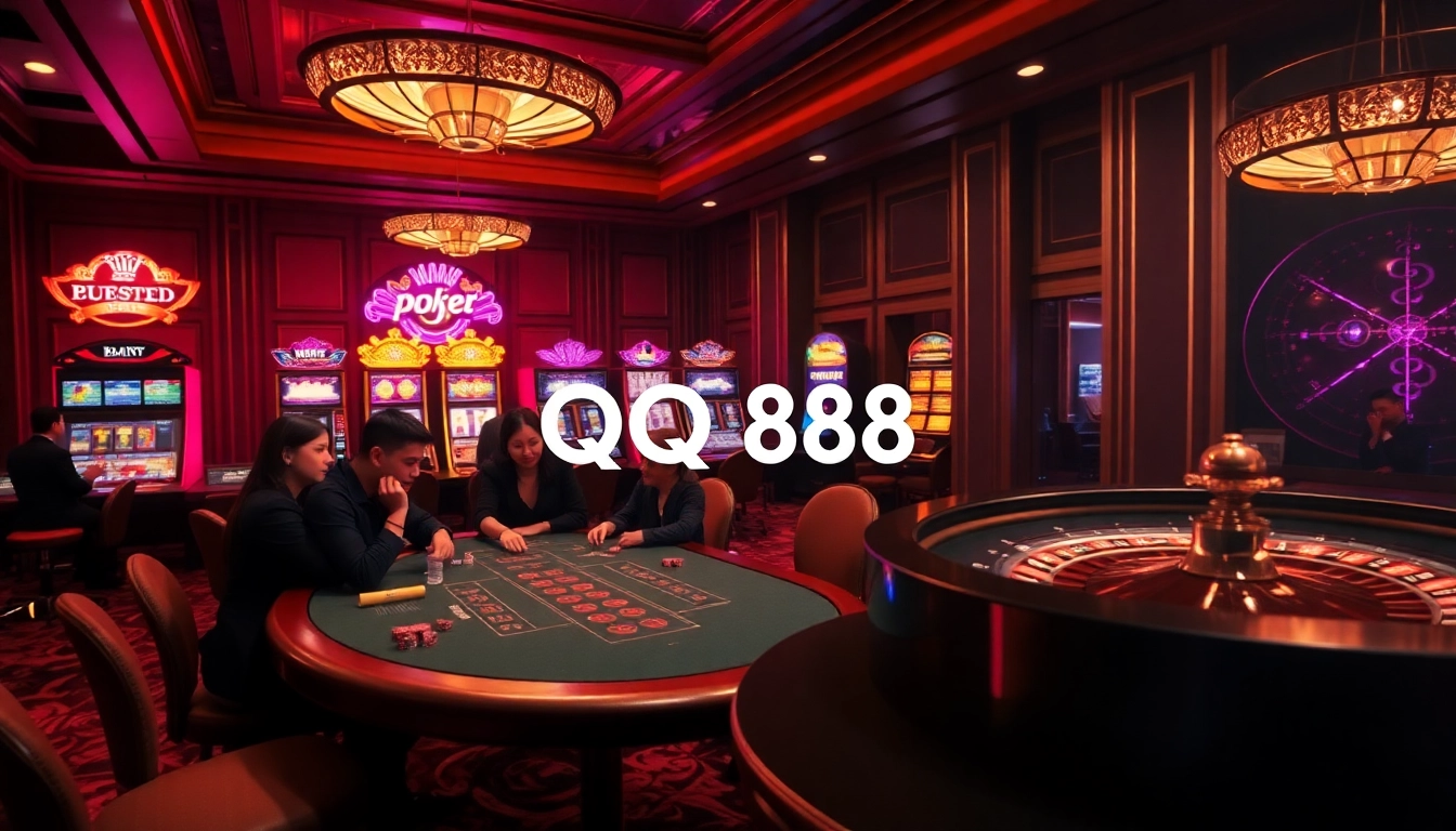 Players enjoying a thrilling poker game at QQ88 casino, with vibrant slot machines and roulette.